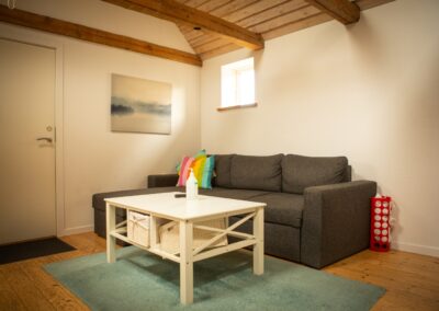 Hyggelig stue med sofa og kunst på væggen i HabitusHuset Holbo.